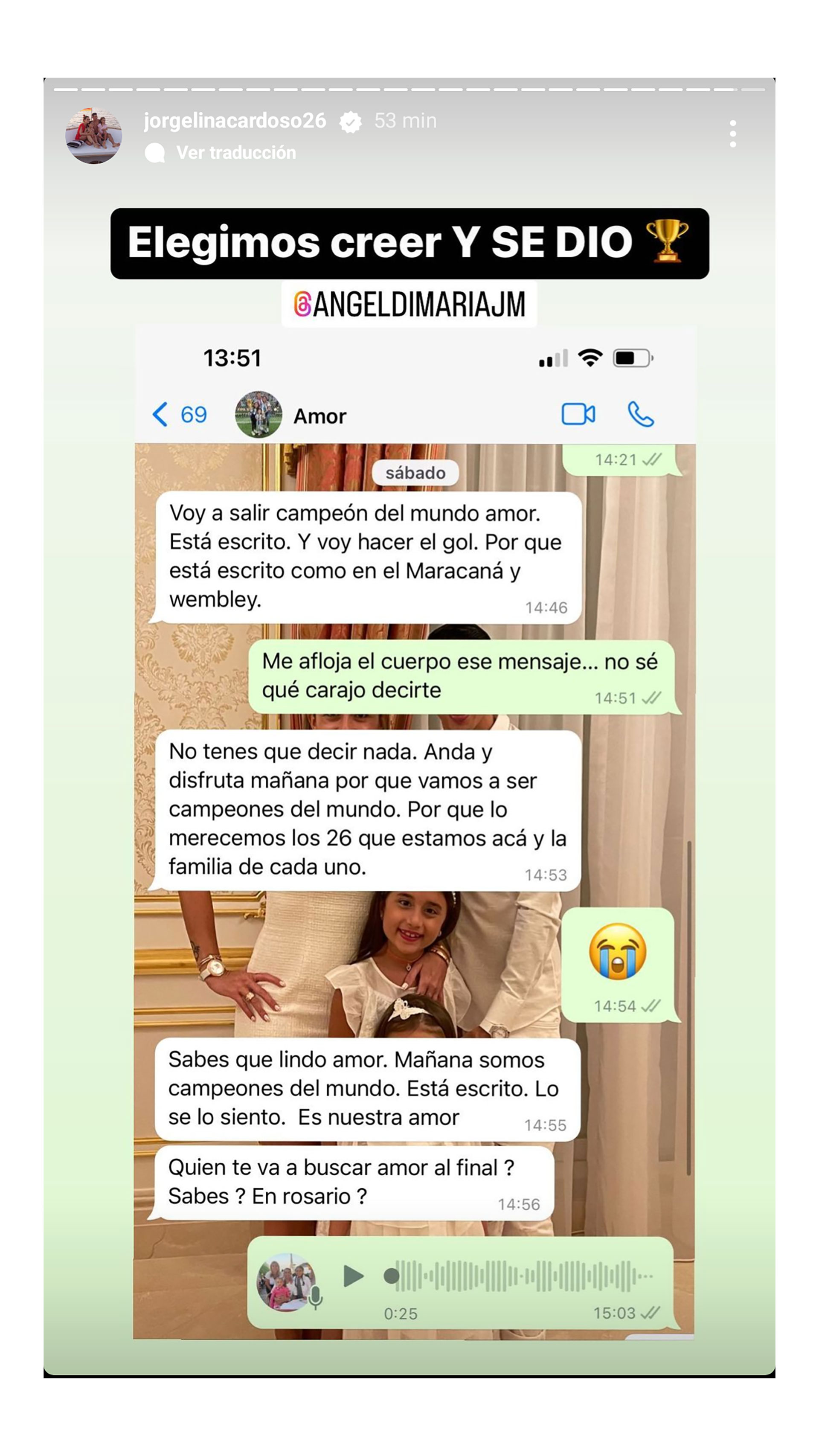 La premonición de Ángel Di María en el chat de WhatsApp con su esposa, Jorgelina Cardoso, antes de la final contra Francia