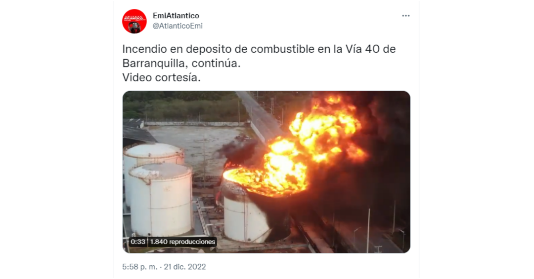 Reacciones de los usuarios de Twitter tras el incendio de ‘Vía 40’ en Barranquilla. Crédito: @AtlanticoEmi