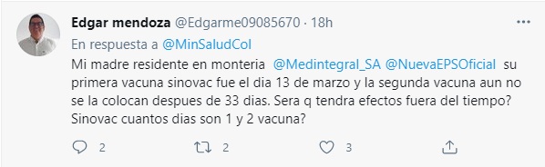 Usuarios denuncian que sus familiares aún no han recibido la segunda dosis de Sinovac. Foto: Twitter Édgar Mendoza.