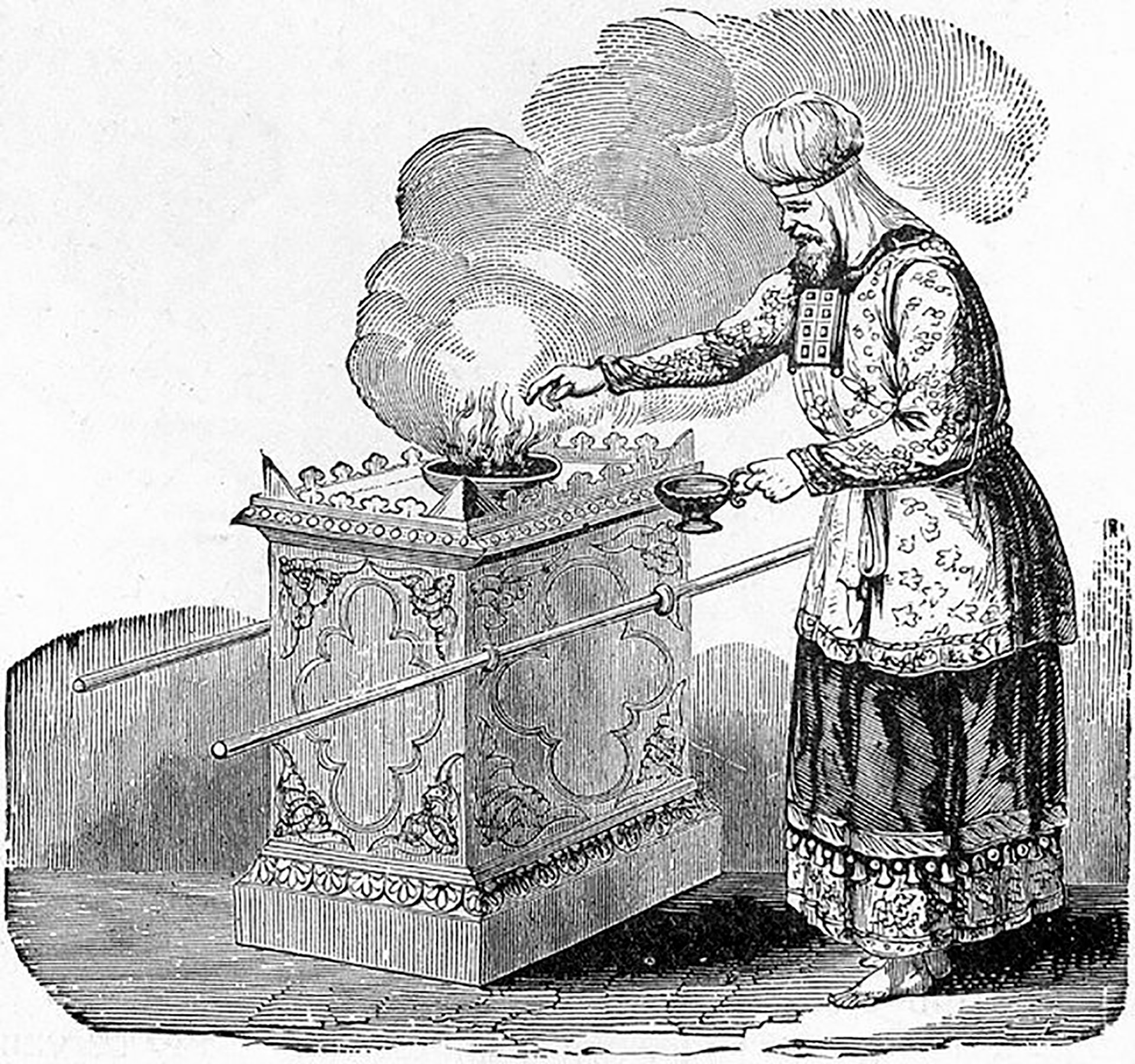 Una ilustración antigua muestra a un sacerdote de Jerusalén sobre incienso en el altar del templo ancestral de Jerusalén