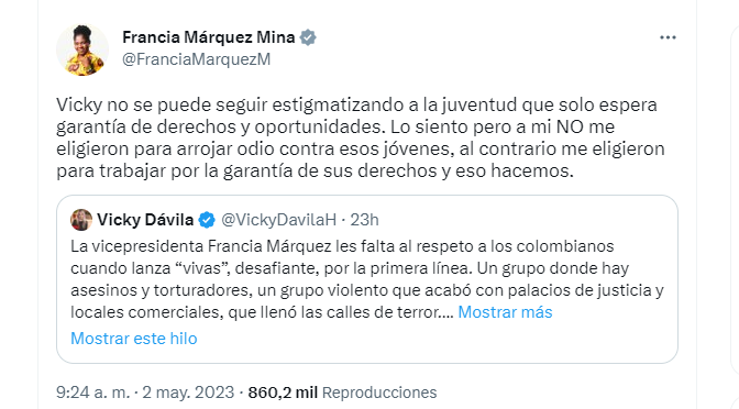 Esta fue la respuesta de la vicepresidenta Francia Márquez a la directora de 'Semana'. Twitter.