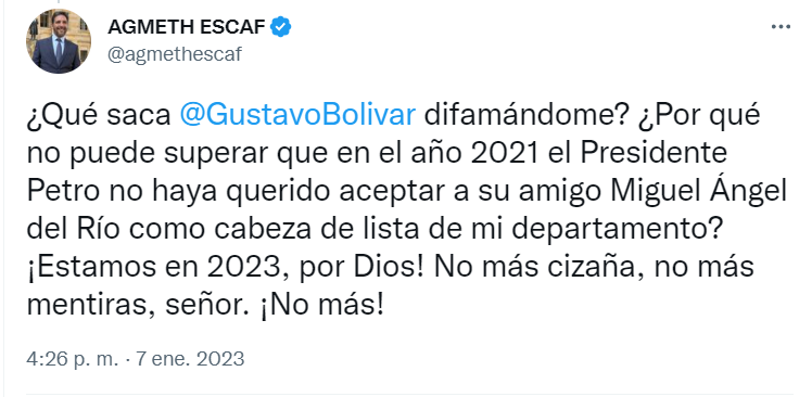 El representante se despachó en contra de Gustavo Bolívar.