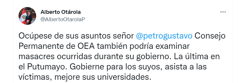 El primer ministro peruano respondió con una publicación a Gustavo Petro en su cuenta de Twitter