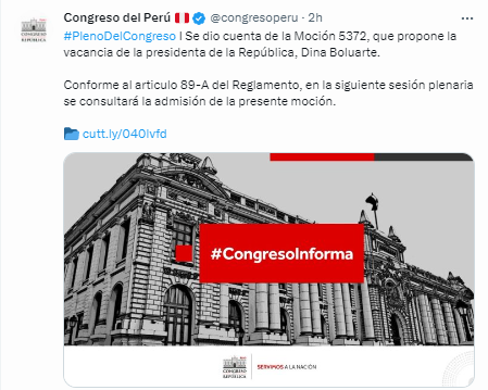 Congreso da cuenta de la moción de vacancia contra Dina Boluarte. | Twitter