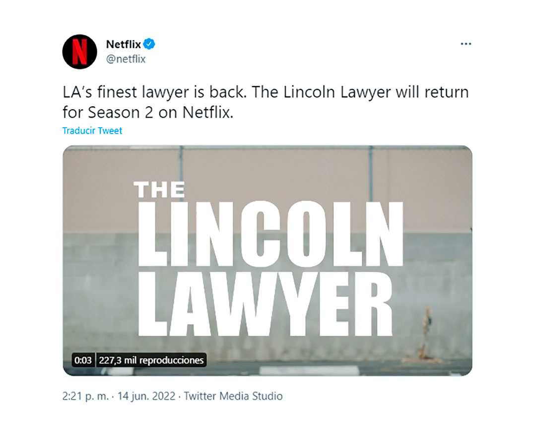 Anuncio de la renovación de la segunda temporada de "El abogado de Lincoln". (Twitter de Netflix)