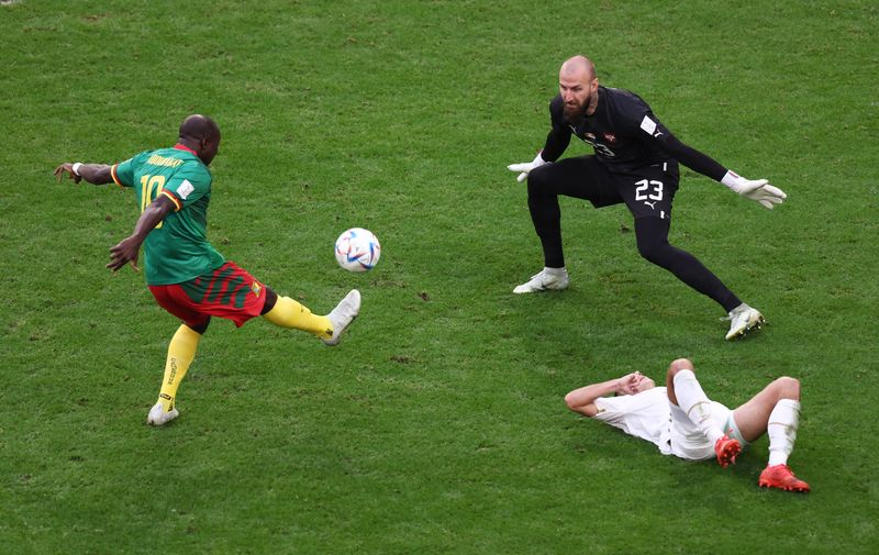 Nov 28, 2022 Monday photo of Cameroonian soccer player Vincent Aboubakar scoring in the 3-3 draw against Serbia REUTERS/Marko Djurica