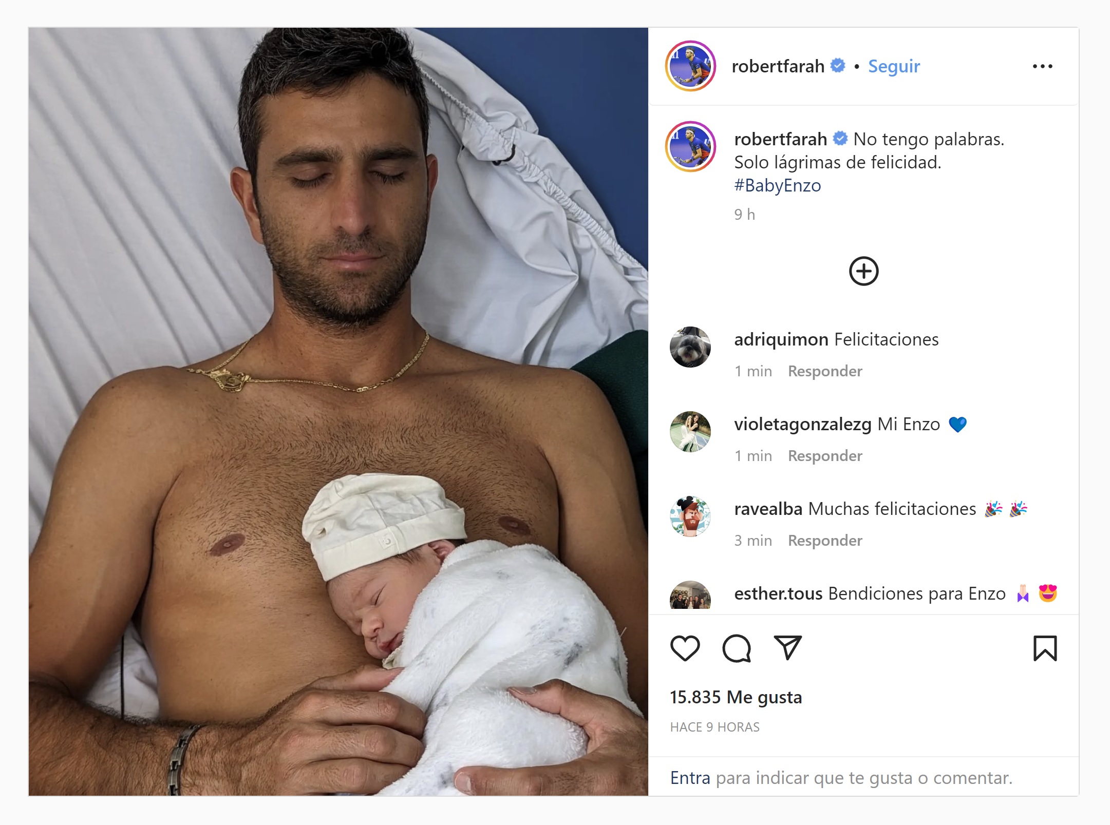 El tenista Colombiano anunció en Instagram que nació su hijo, Enzo. Cortesía: @robertfarah