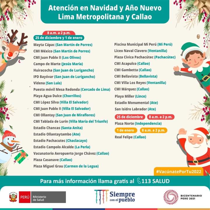Lugares de vacunación durante fiestas de fin de año en Lima. (Foto:Captura)