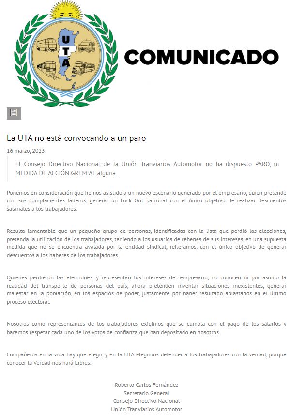 La respuesta de la UTA, firmada por el secretario general Roberto Fernández, 