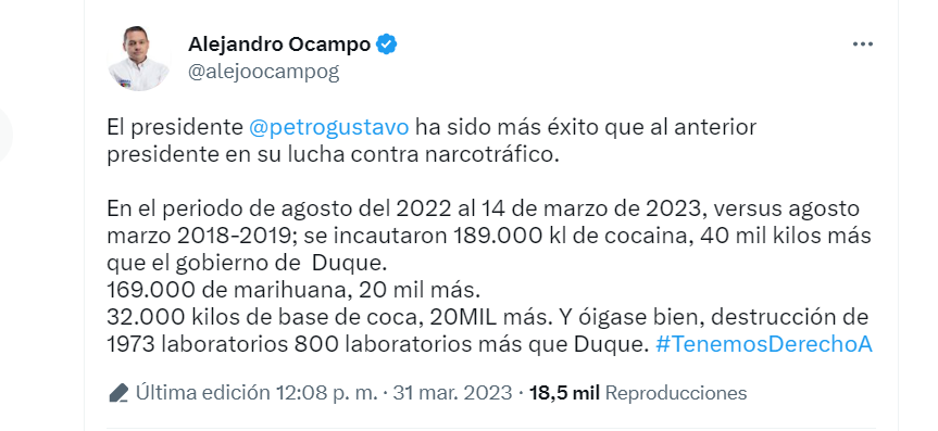 El representante Ocampo publicó cifras que demostrarían el compromiso del Gobierno nacional con la lucha contra el narcotráfico. Twitter.