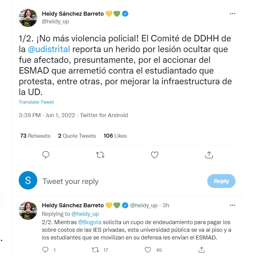 Tuit de la concejala de la Unión Patriótica, Heidy Sánchez Barreto.