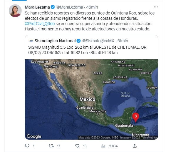 La gobernadora de Quintana Roo descartó afectaciones tras el sismo de 5.5 (Foto: Twitter@MaraLezama)