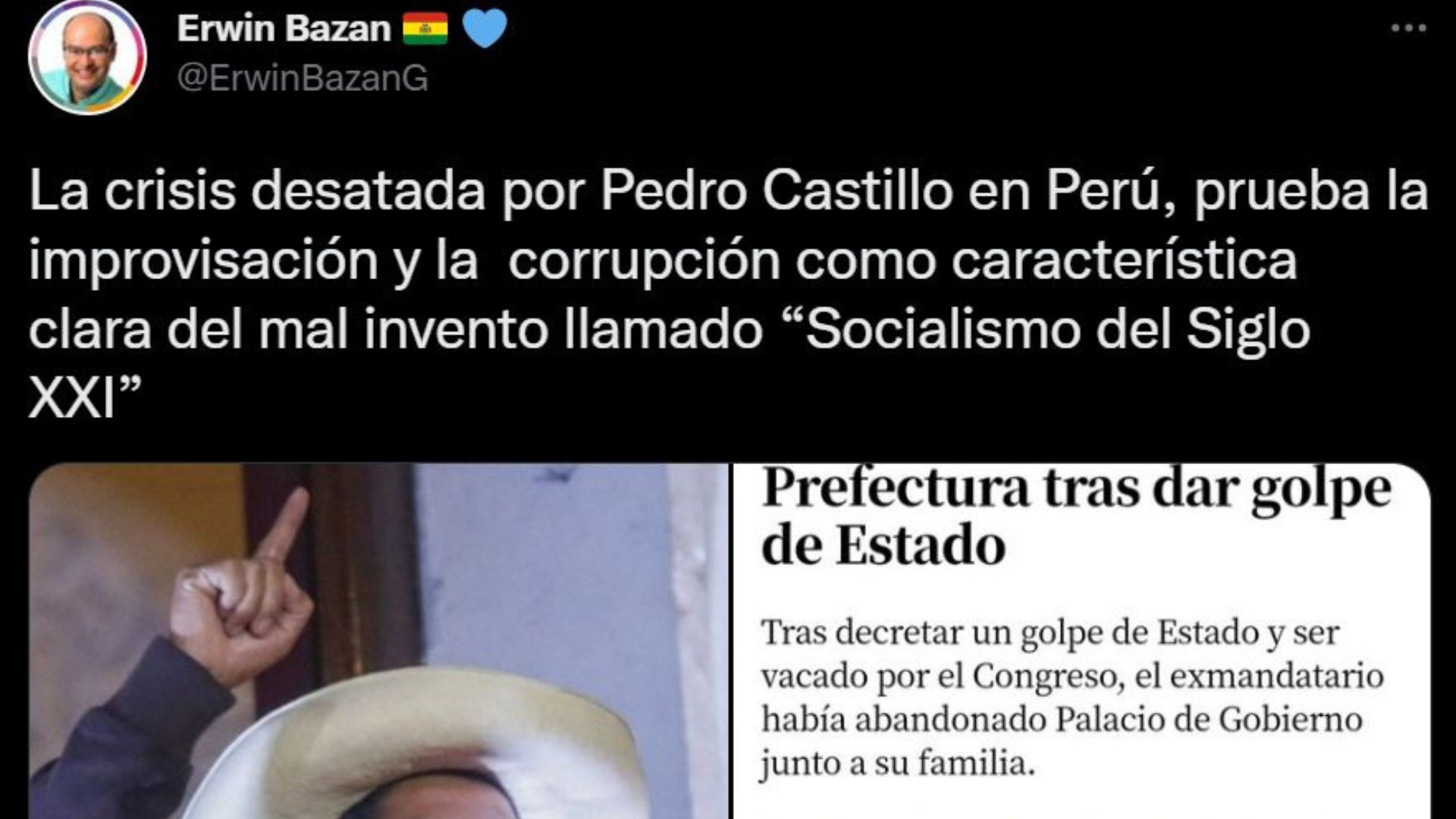 Erwin Bazán condenó el autogolpe de Estado del expresidente. (Twitter @ErwinBazanG)