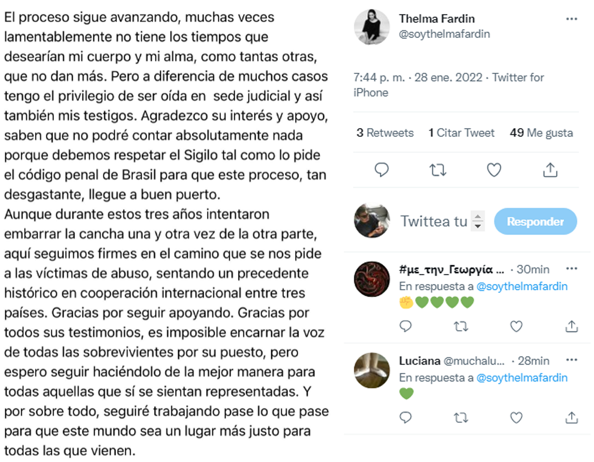 El comunicado que Thelma Fardin difundió en sus redes sociales tras la reanudación del juicio a Juan Darthés (Foto: Twitter)