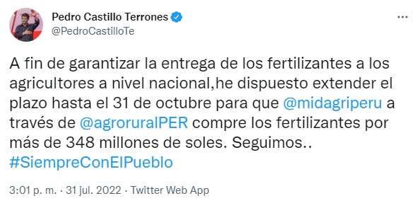 Tweet de Pedro Castillo sobre compra de fertilizantes. (Foto: Twitter/Pedro Castillo)