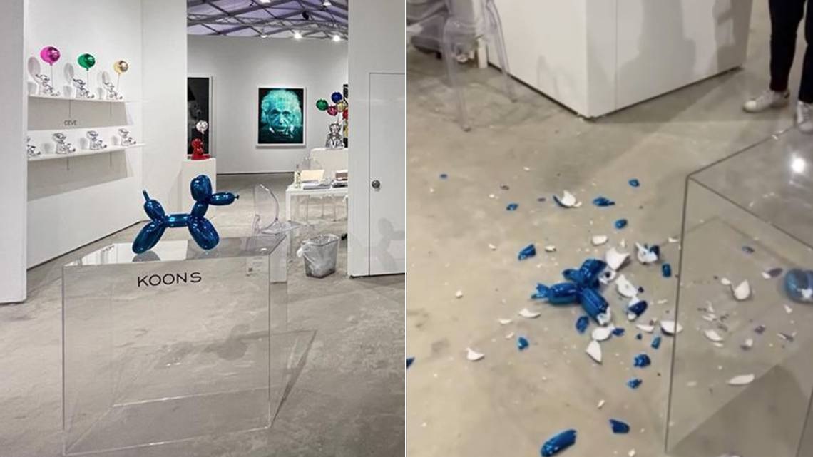 "Ballon Dog", de la serie de Jeff Koons, antes y después del accidente