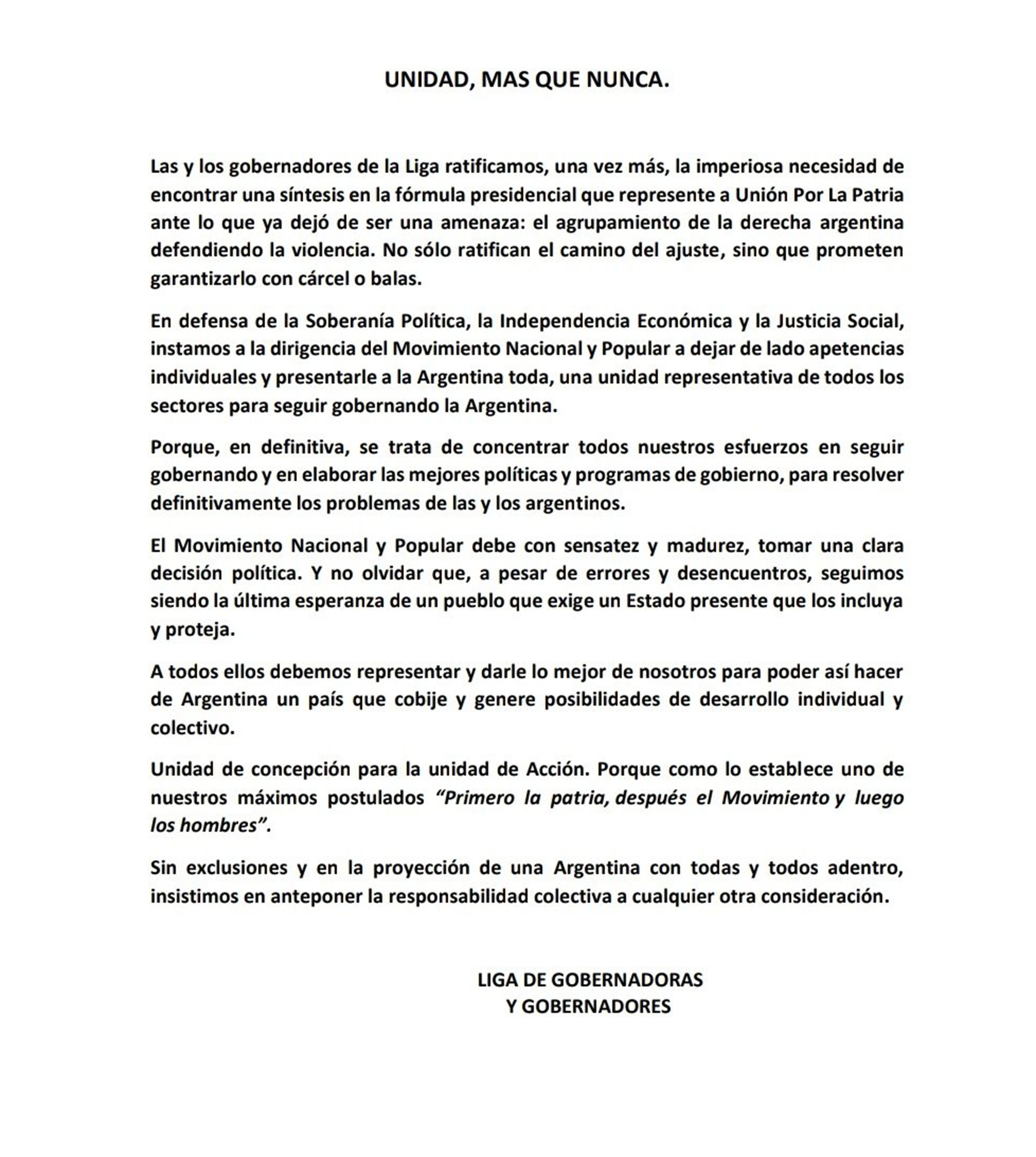 El comunicado de la Liga de Gobernadores y Gobernadoras que posteó Quintela en su cuenta oficial de Twitter