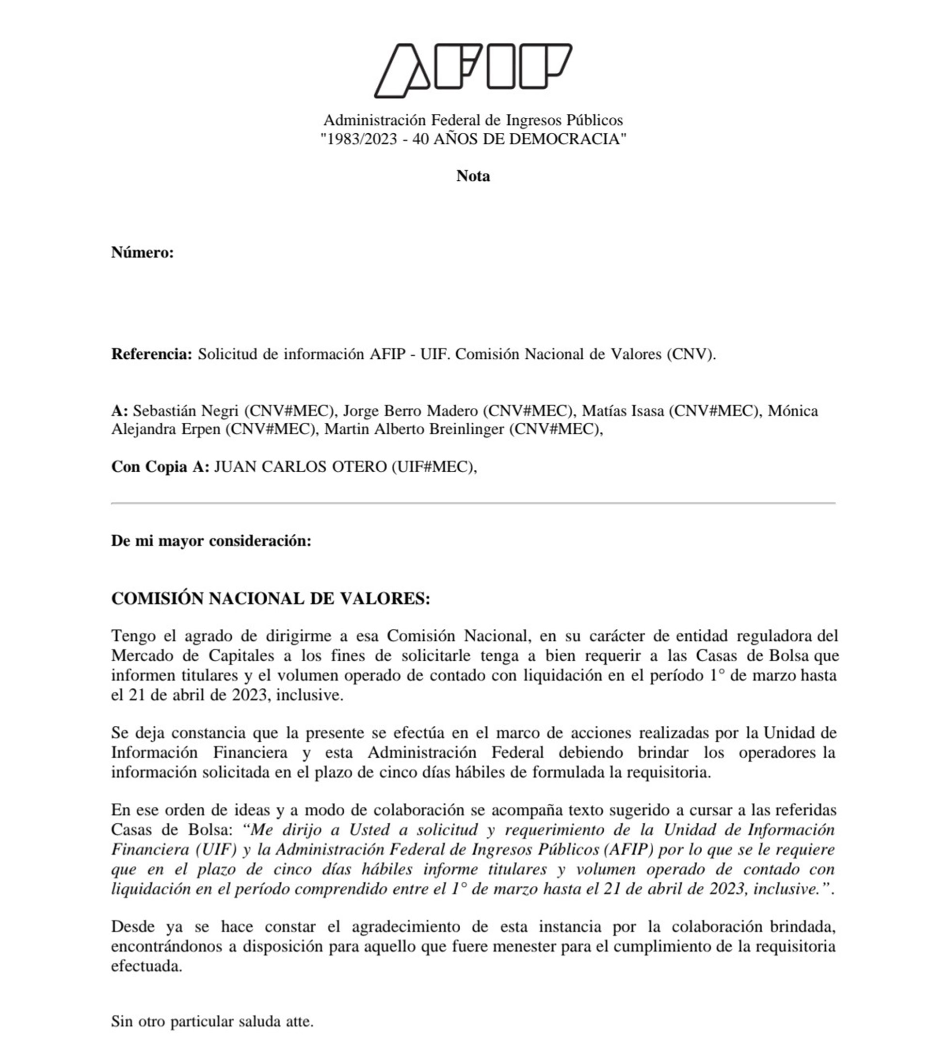 La solicitud de información de AFIP a la Comisión Nacional de Valores