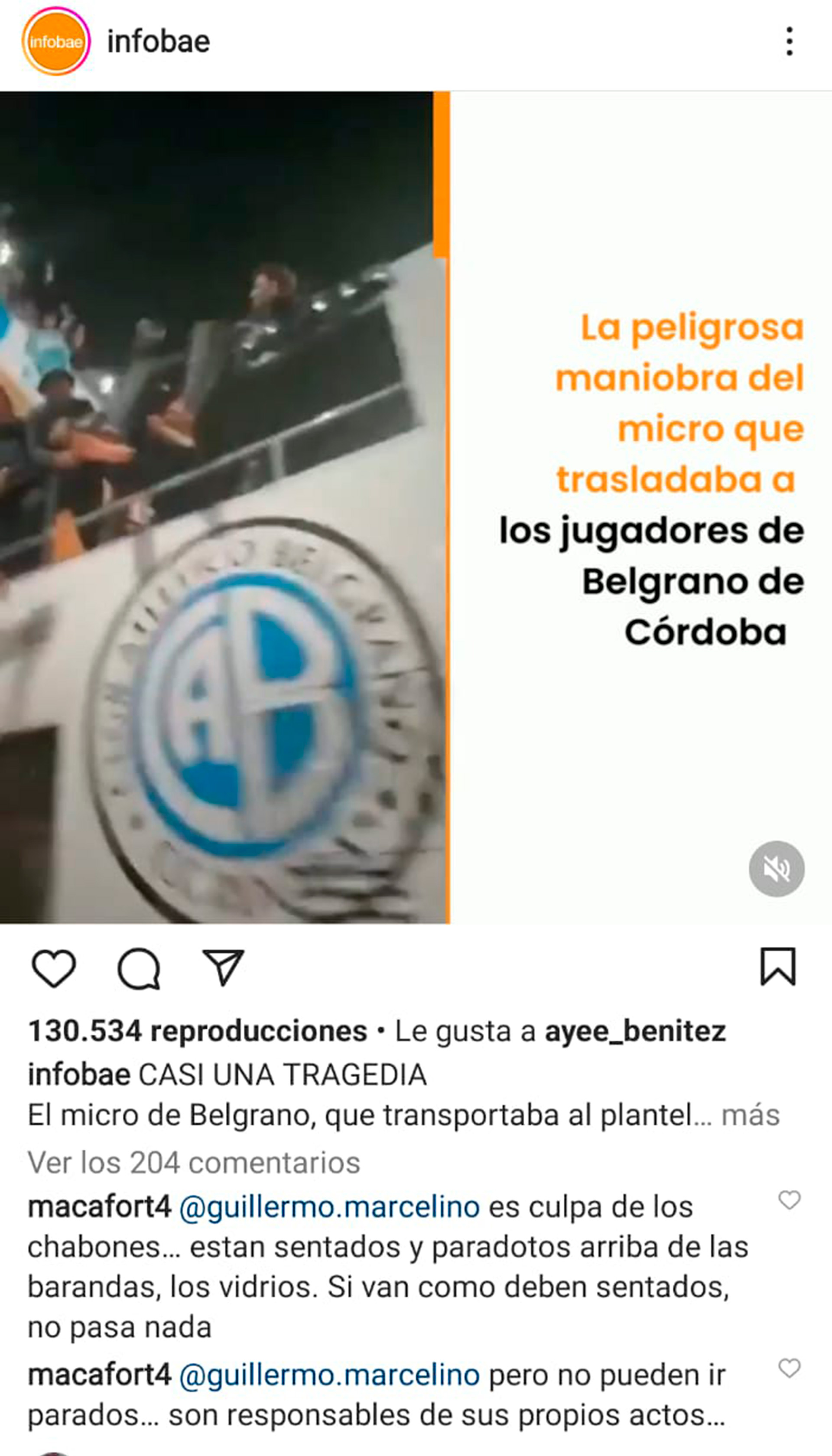 Los comentarios de Maca Fort en la publicación de Infobae sobre el video que se viralizó con los festejos de los jugadores de Belgrano de Córdoba (Foto: Instagram)