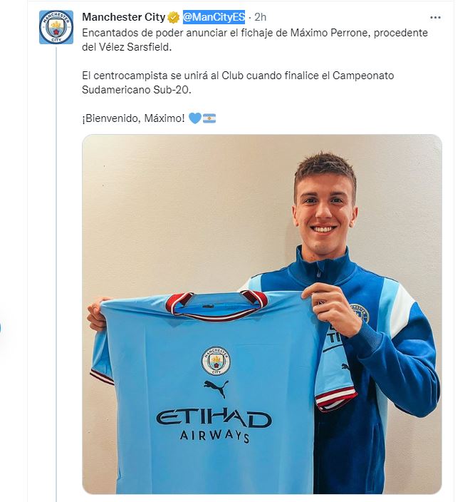 La bienvenida del Manchester City a Máximo Perrone en las redes sociales