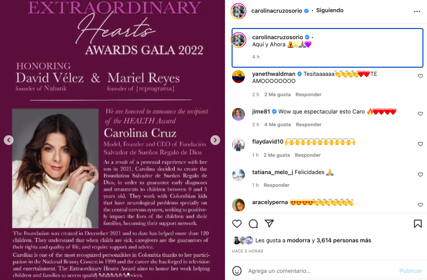 Carolina Cruz a été reconnue pour son travail avec la Salvador de Sueños, God's Gift Foundation.  Pris par Instagram @carolinacruzosorio