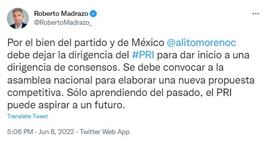 Roberto Madrazo arremetió contra Alito Moreno en Twitter (Foto: Captura de pantalla @RobertoMadrazo_)