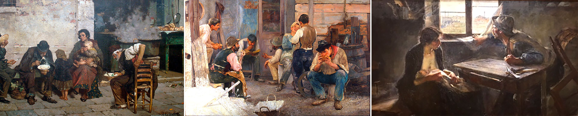 "La sopa de los pobres", de Reinaldo Giudici, "La hora del almuerzo", de Pio Collivadino y "Sin pan y sin trabajo", de Ernesto de la Cárcova 