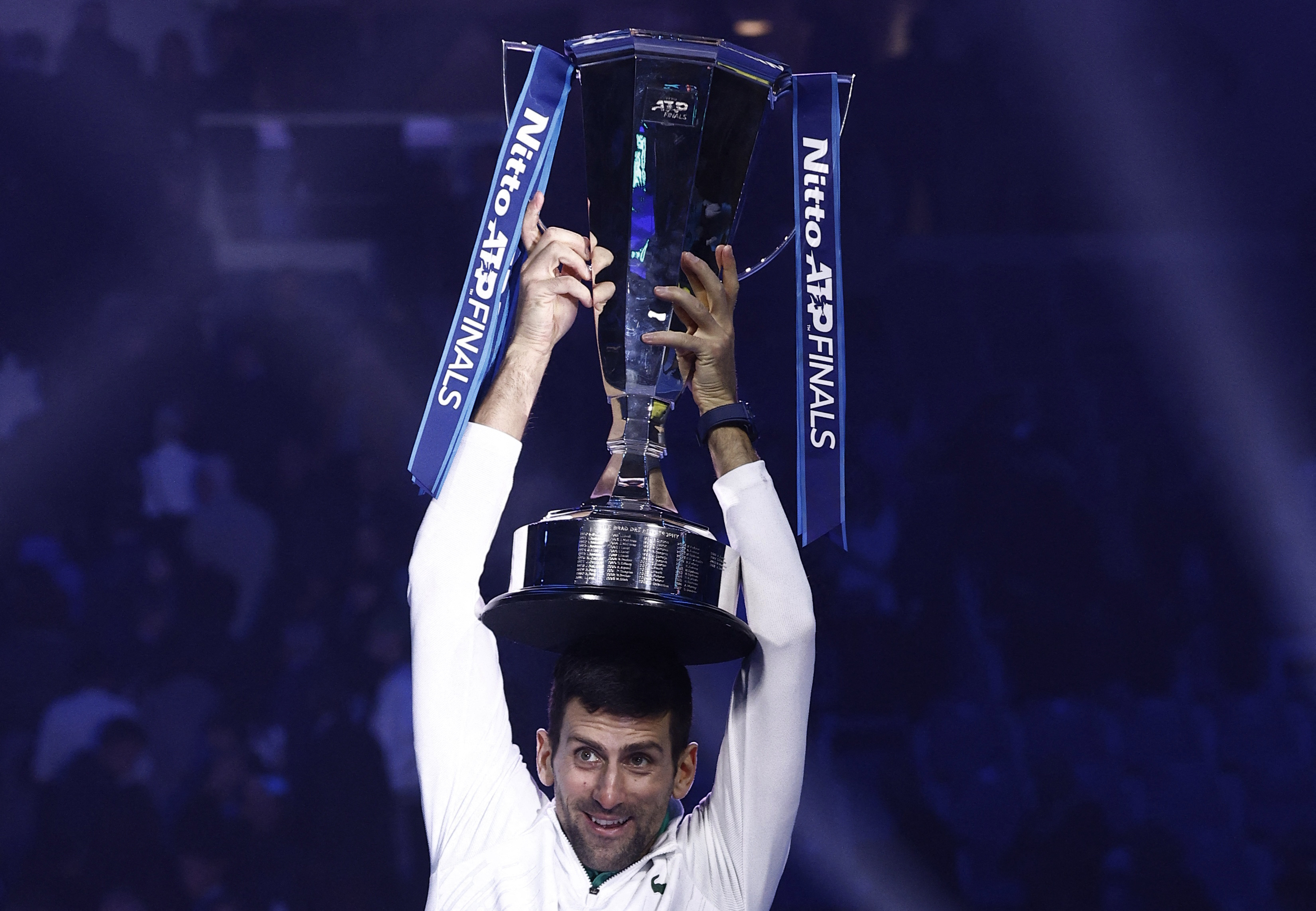 Tennis - ATP Finals Turin - Pala Alpitour, Turin, Italy - November 20, 2022 Serbia's Novak Djokovic celebrates with the trophy after winning the men's singles final against Norway's Casper Ruud.