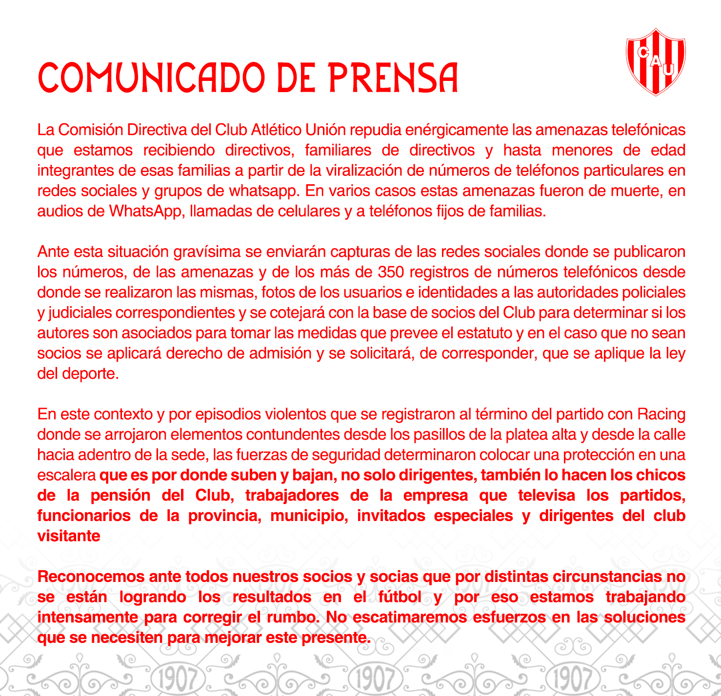 El comunicado oficial de Unión de Santa Fe