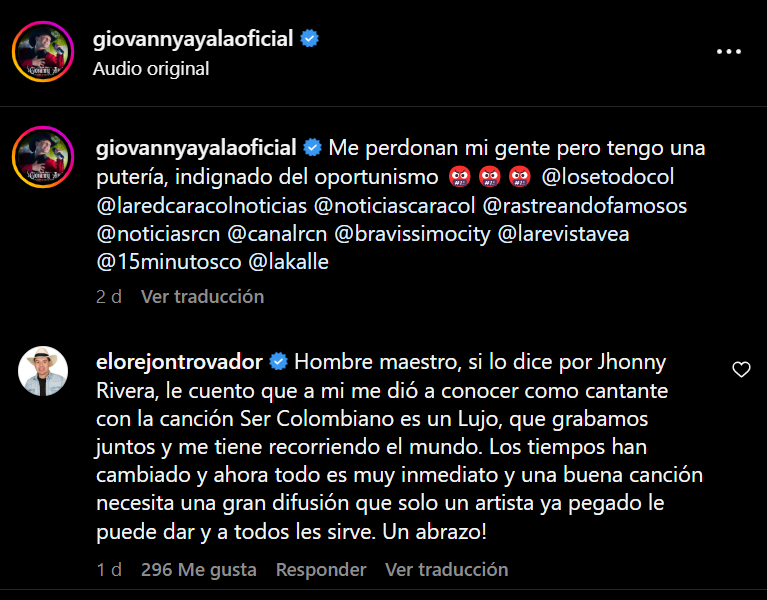 Jhonny Rivera no fue el único que respondió a lo dicho por Giovanny Ayala, pues un popular trovador también le dejó una vehemente contestación | Captura de pantalla Instagram