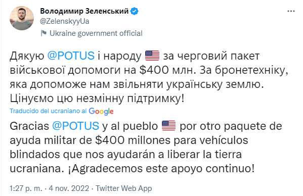 Zelensky agradeció a Biden el nuevo envío a Ucrania (Twitter: @ZelenskyyUa)