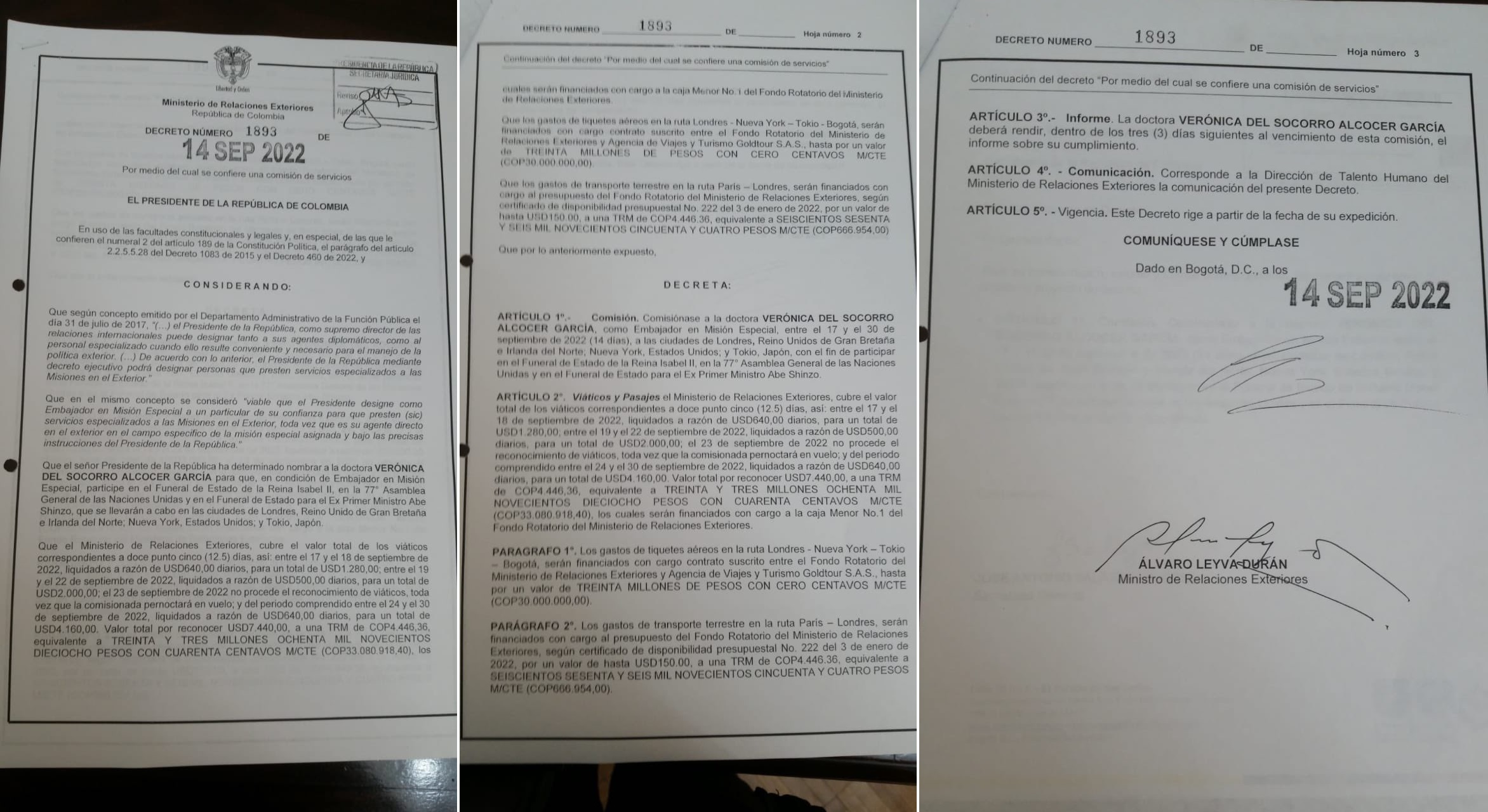 El decreto 1893 de 2022 fue firmado por el canciller Álvaro Leyva Durán el pasado 14 de septiembre. Foto: @Luzhelenaf, Twitter. 