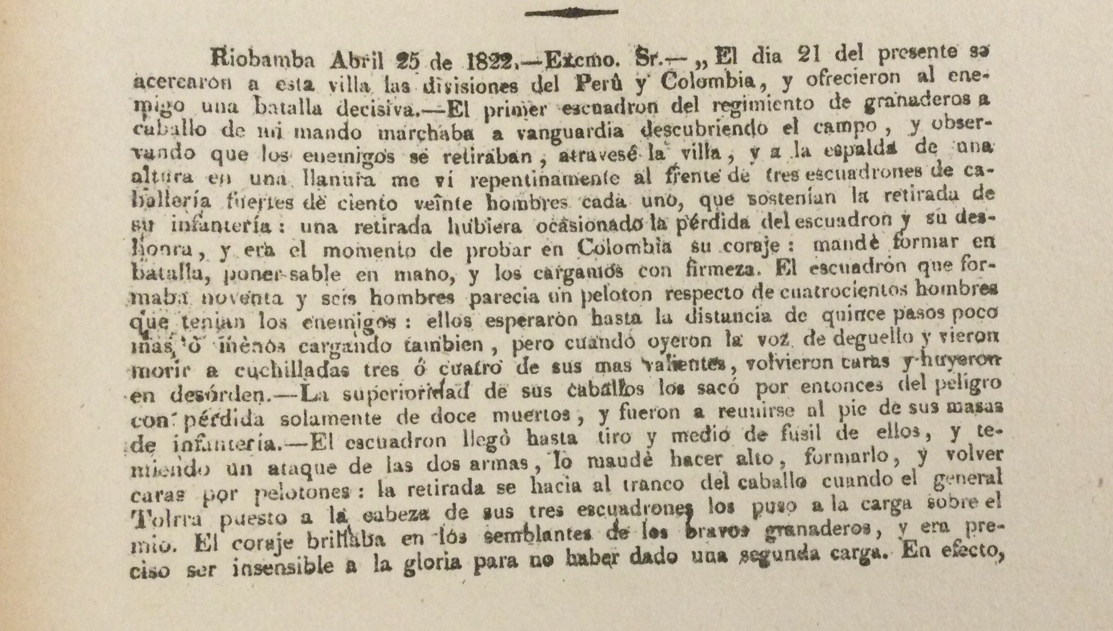 Parte de guerra de Juan Lavalle sobre la acción de Río Bamba. Fue publicado por la Gaceta del Gobierno de Lima Independiente el 5 de junio de 1822.
