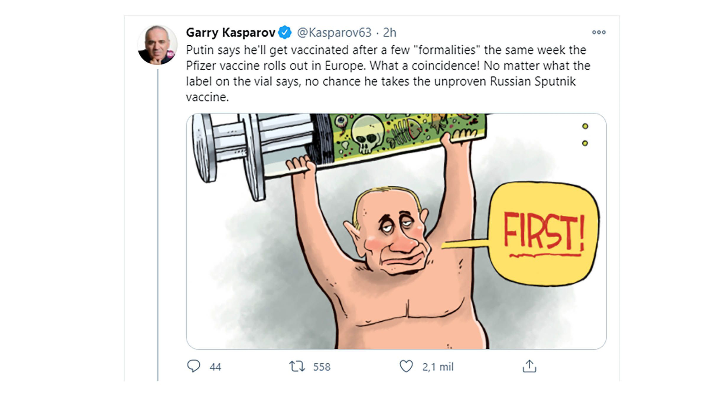 Garry Kasparov desconfía de Putin: “No hay ninguna posibilidad de que se vacune con la Sputnik V”