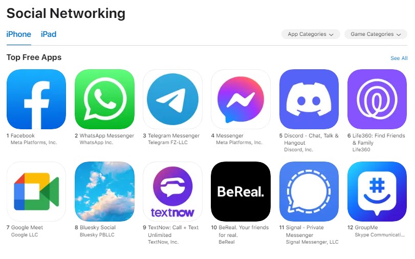 Bluesky Social está en el top 10 de aplicaciones sociales de descarga gratuita en la App Store de Apple. (Captura)