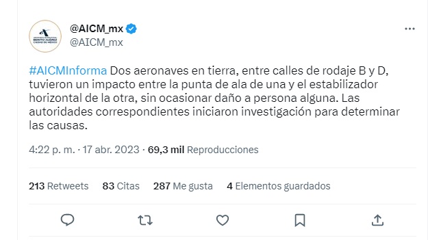 El Aeropuerto Internacional de la CDMX ya inició la investigación sobre el accidente (Twitter/ @AICM_mx)