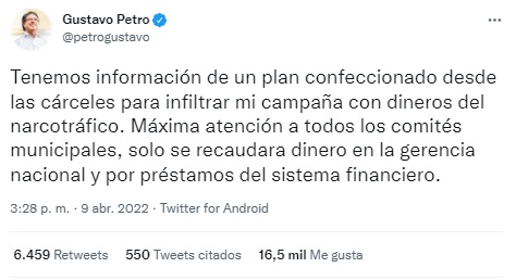 Gustavo Petro alerta de posible infiltración de dineros del narcotráfico a su campaña electoral.
Captura de pantalla.