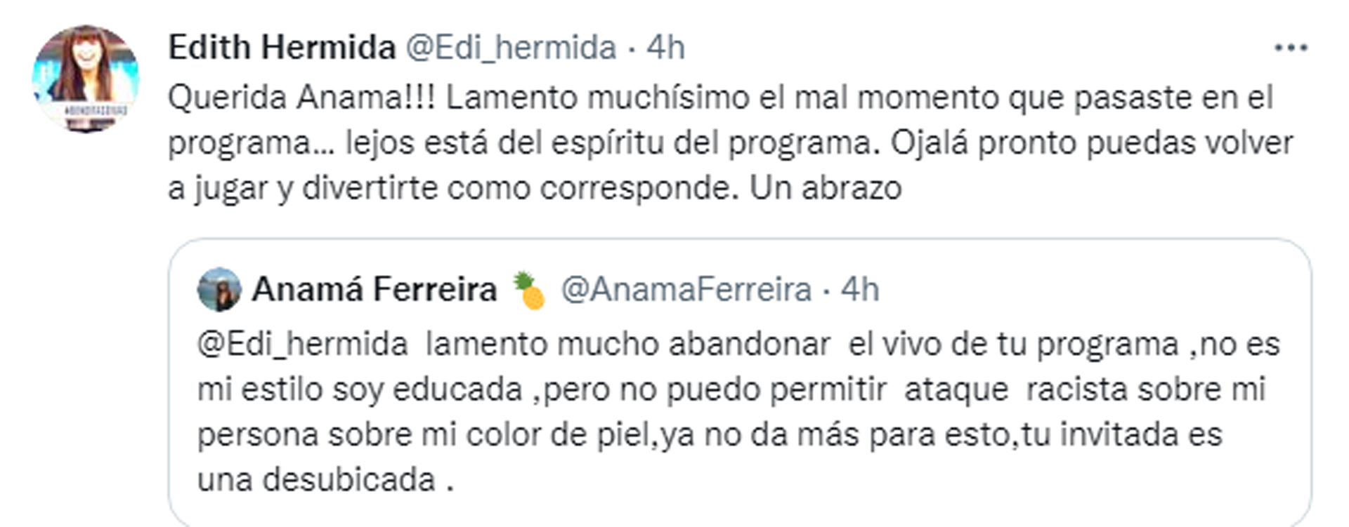 El tweet de Anamá Ferreira que fue respondido por Edith Hermida, tras el comentario discriminador de Adriana Aguirre (Foto: Twitter)