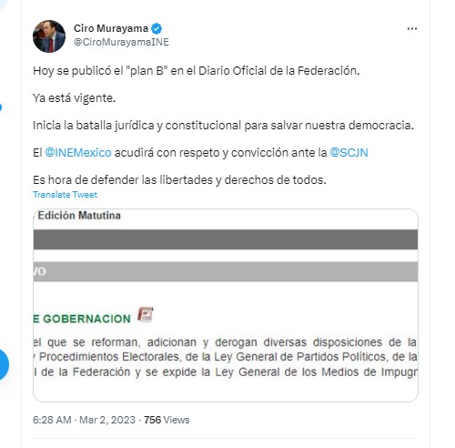El consejero afirmó que el INE recurrirá a la SCJN ante la publicación del Plan B en el DOF. (Twitter)