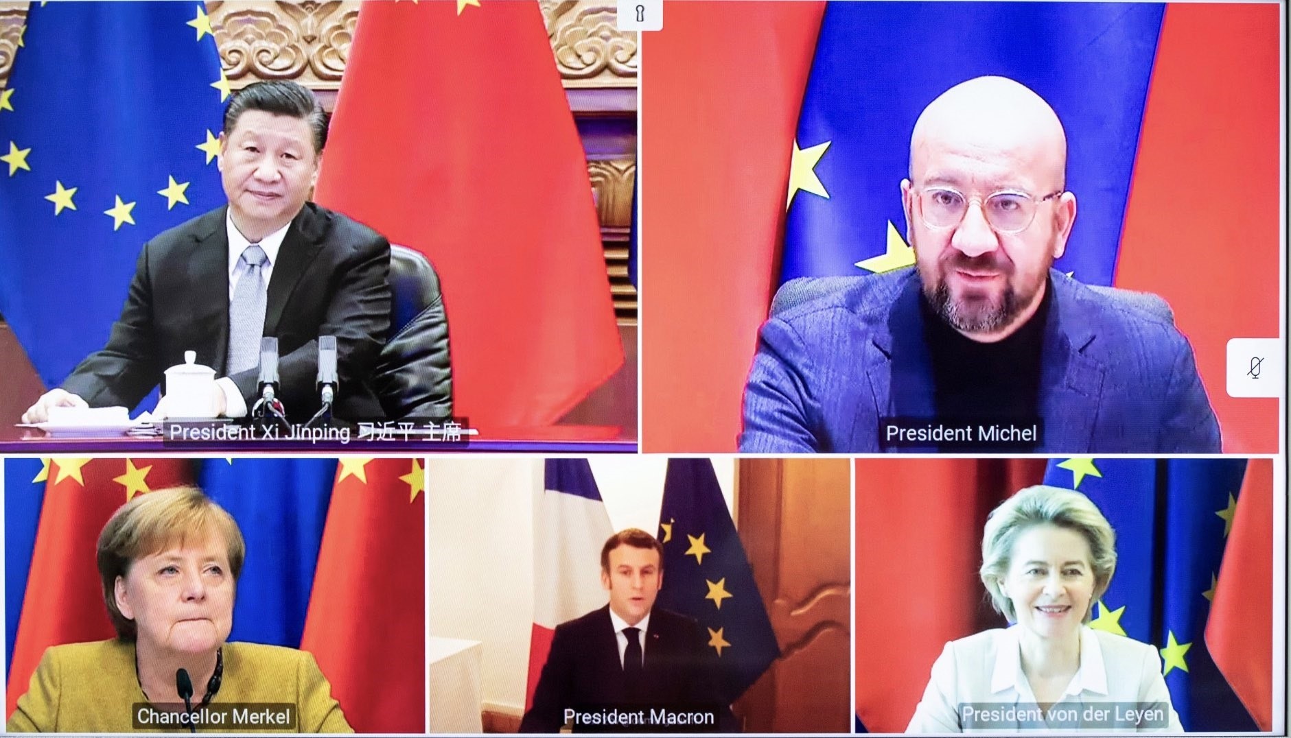 Reunión por videoconferencia celebrada el 30 de diciembre de 2020 entre Charles Michel, Ursula von der Leyen, Angela Merkel, Emmanuel Macron y Xi Jinping (Europa Press)