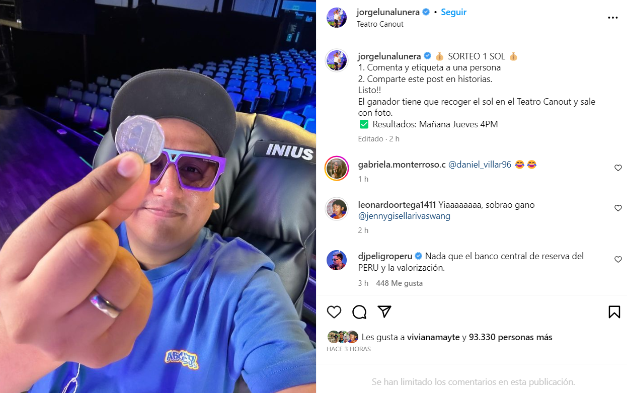 Jorge Luna hace sorteo en sus redes sociales. (Instagram)