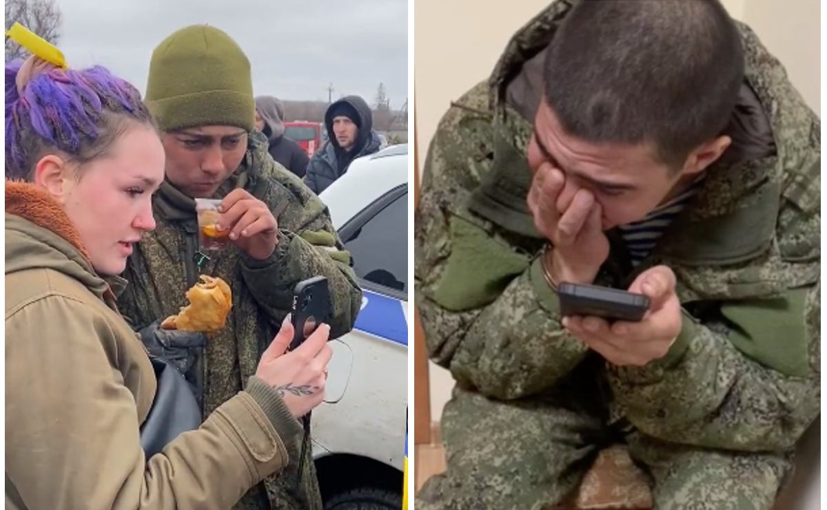 Un joven soldado ruso capturado por las fuerzas ucranianas. Le dan té y una galleta y después lo ponen a hablar por celular con su madre. Se quiebra y dice que no sabe para que está allí. (ministerio de Defensa Ucrania)