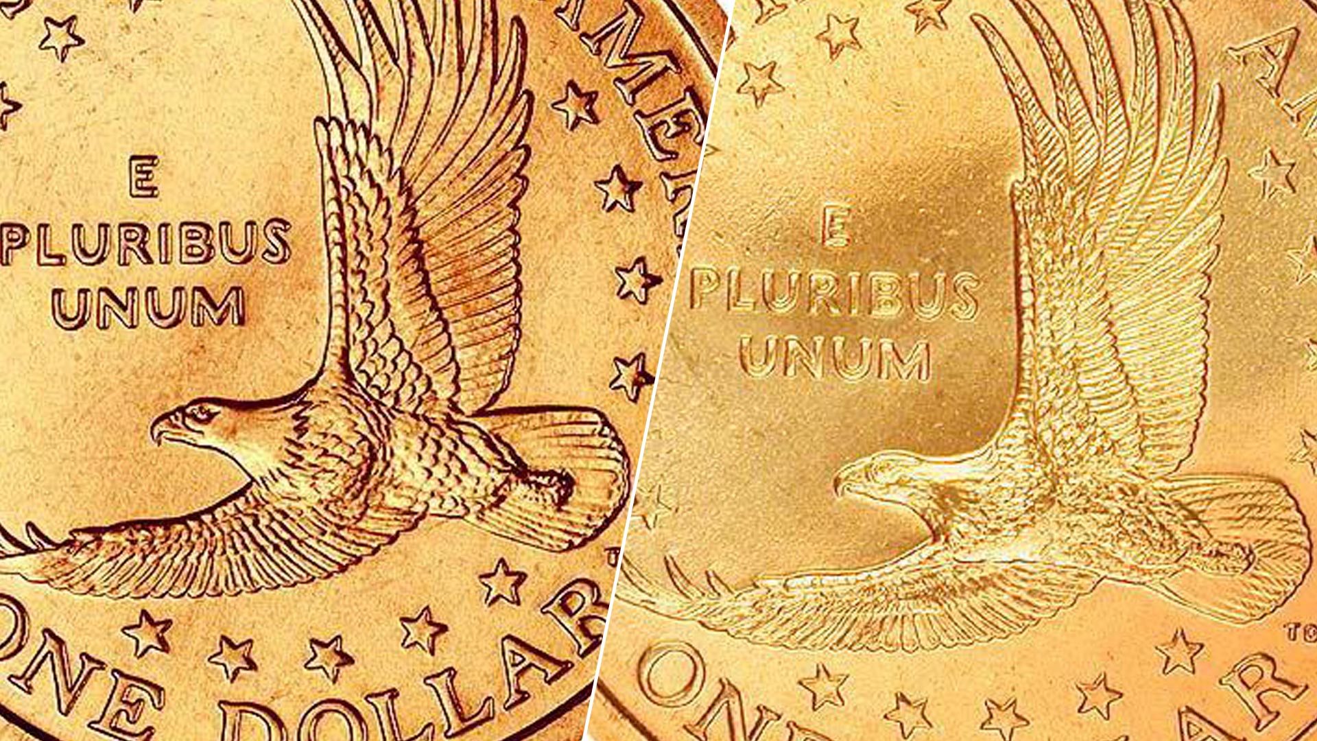 A la izquierda, el patrón más común en los Sacagawea Dollars. A la derecha, la versión conplumaje detallado que buscan los coleccionistas