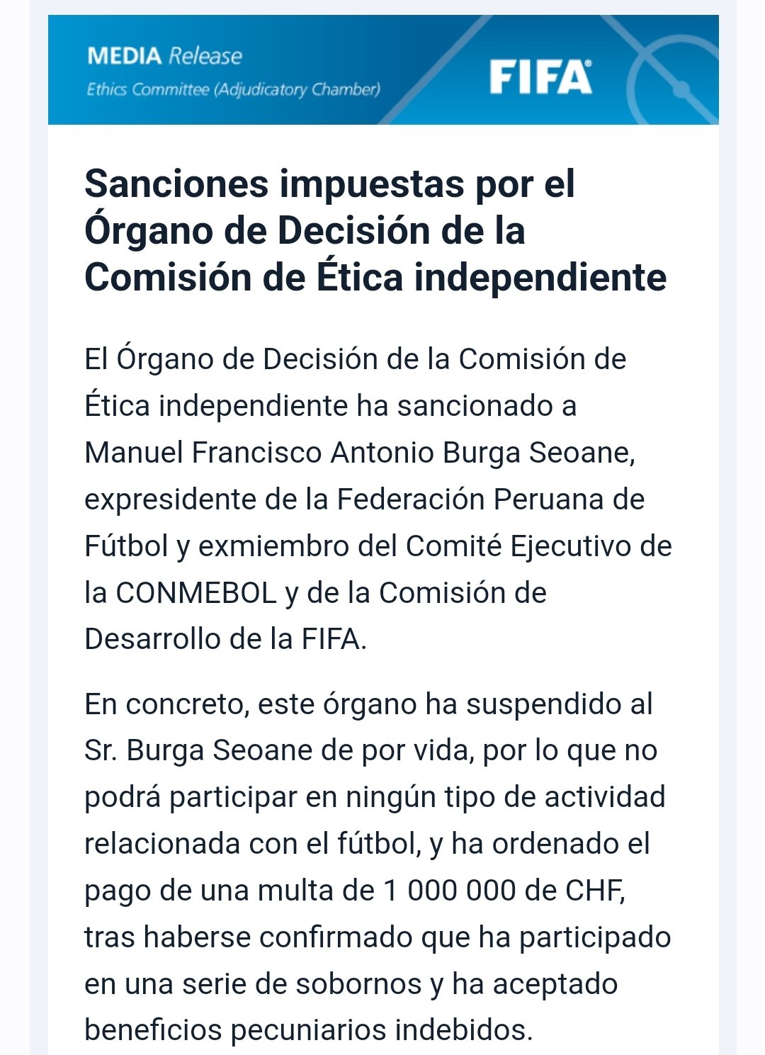 Suspensión que la FIFA determinó para Manuel Burga.