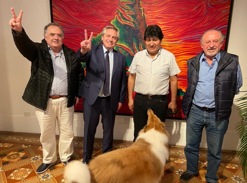 Eduardo Valdés, Alberto Fernández, Evo Morales y Hugo Yasky, luego de la cena en la Quinta de Olivos 