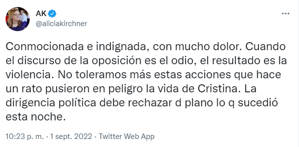 El repudio de Alicia Kirchner al intento de asesinato a Cristina Kirchner