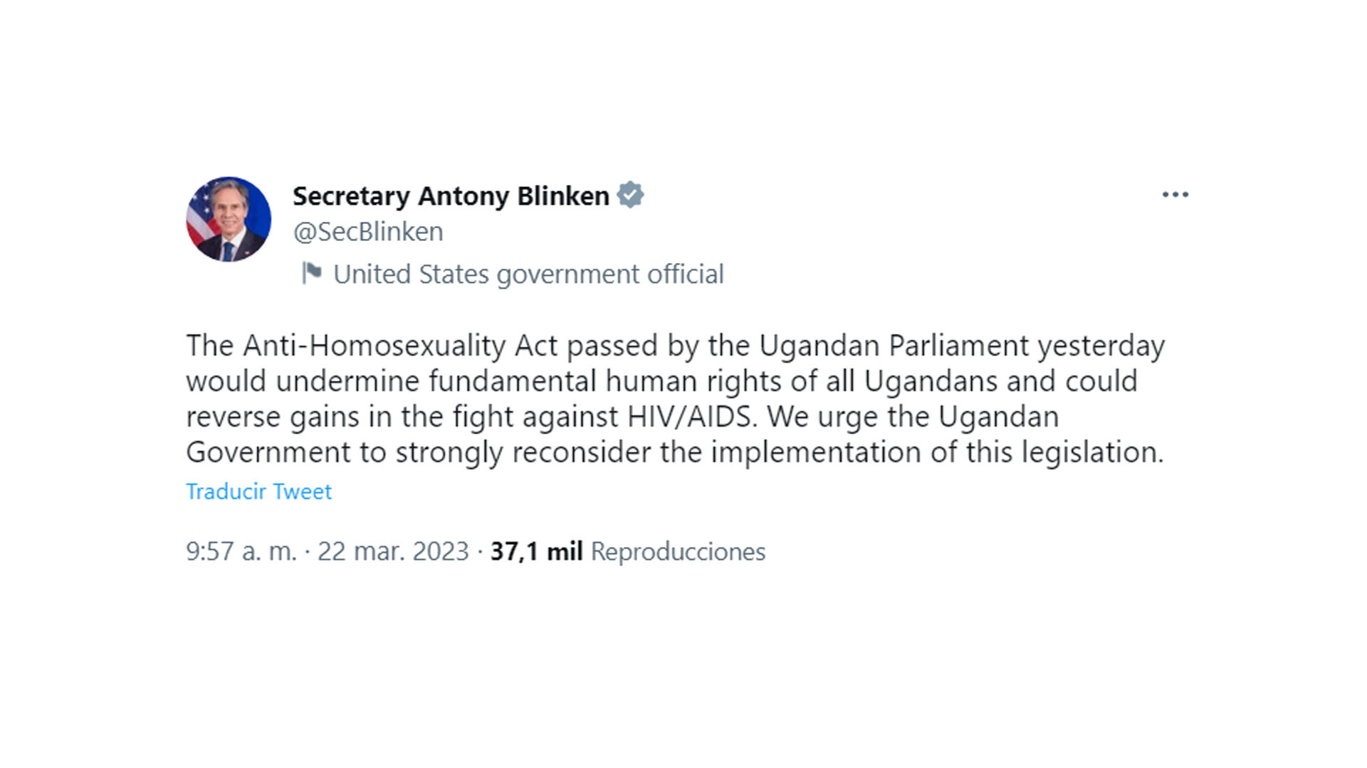 El mensaje de Antony Blinken en Twitter: "Instamos al gobierno de Uganda a reconsiderar enérgicamente la implementación de esta legislación", indicó