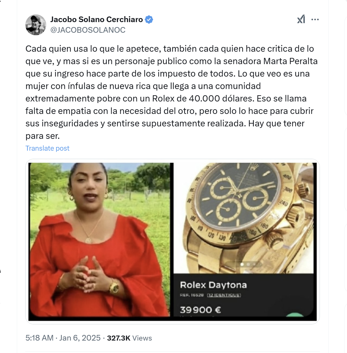 Senadora Martha Peralta se refirió al “costoso” reloj “Rolex” por el que  fue criticada: “No, terrible, es absurdo” - Infobae