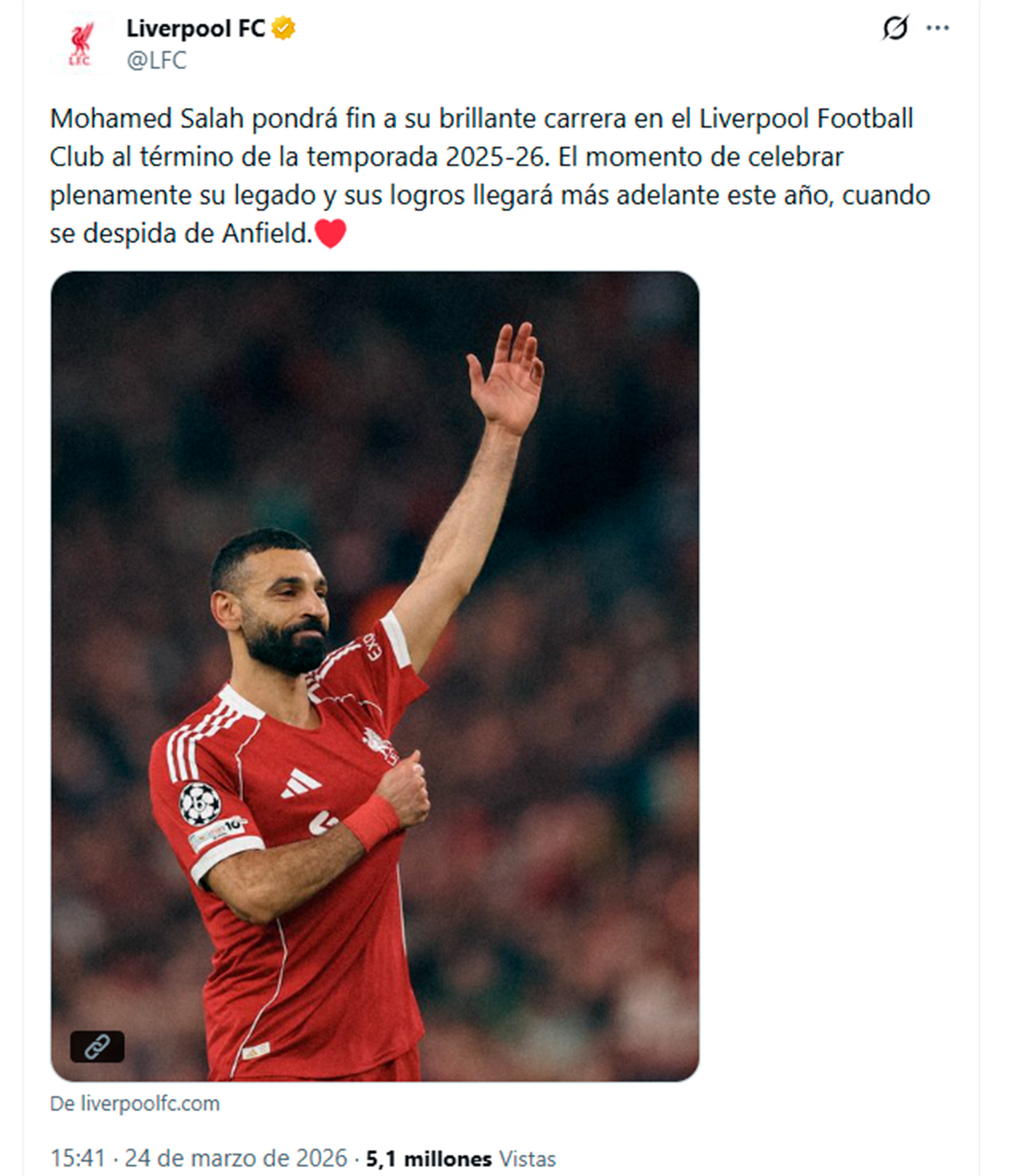 Impacto en el f&uacute;tbol europeo: Mohamed Salah anunci&oacute; que se ir&aacute; del Liverpool tras casi una d&eacute;cada