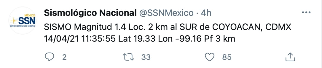 Debido a la baja magnitud del temblor, no fue necesario activar la alerta sísmica (Foto: Twitter/SSNMexico)